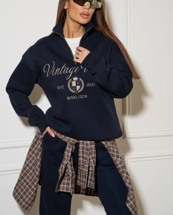 60/1 спортивний костюм на флісі з вишивкою кофта з блискавкою з коротким комірцем і штанами на резинці